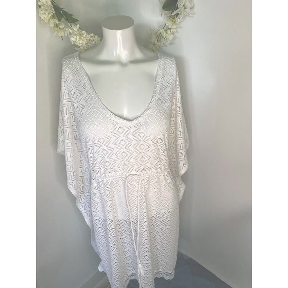 Tahiti Crochet Swim Cover Up Womens White V Neck Boho Dress XL Adjust Waist VTG - Picture 2 of 16